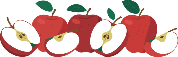 Composition of Fresh Red Apples - Whole, Half, and Sliced Fruit Vector