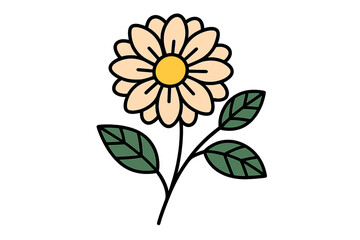 Simple retro flower with pale petals and green leaves isolated on a white background