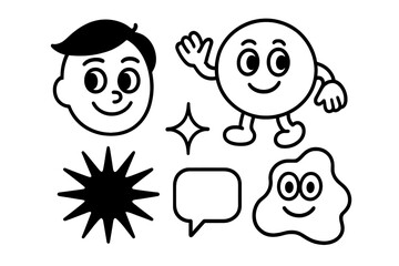 Funny retro cartoon mascots, faces, and graphic doodle elements set