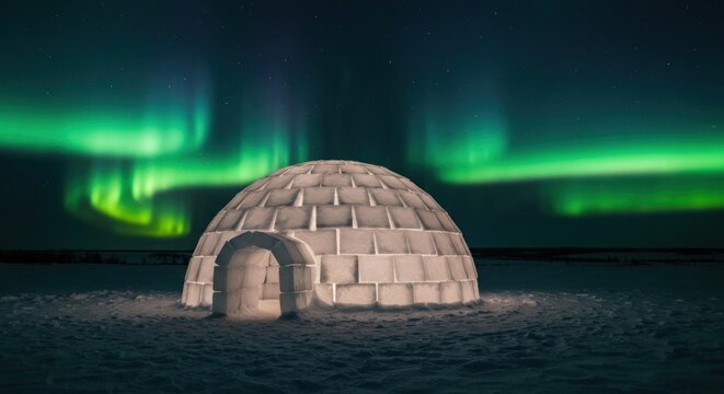 Illuminated igloo against a shimmering aurora borealis on snowfield