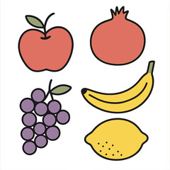 Colorful fresh fruits set including apple banana grapes lemon pomegranate