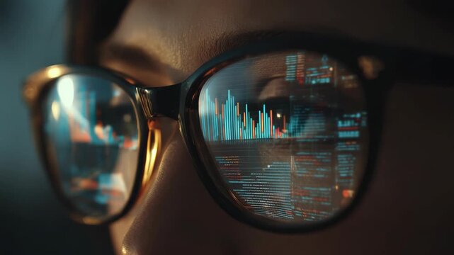 Reflected digital charts and programming code in eyeglasses worn by a focused person, shot in cinematic style, on a dark blurred background