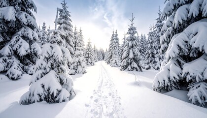 Naklejka premium Snowy path through dense coniferous forest, sunlight piercing through branches, creating a wintry wonderland scene