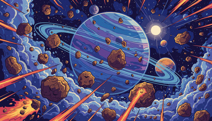 Vibrant cosmic scene depicting a colossal ringed planet in deep space, surrounded by a dense field of asteroids and meteorites hurtling through nebulae and starlight, with a bright sun radiating