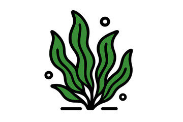 Green aquatic seaweed or kelp plant with rising air bubbles on a white background