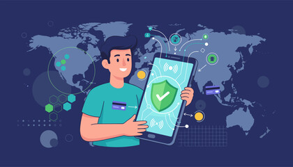 Young man holding a smartphone displaying a secure payment shield, with credit cards and coins symbolizing financial transactions, set against a world map backdrop, representing global digital