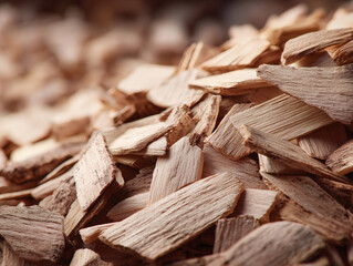 乾燥した木片が積み重なり木材の質感が伝わるウッドチップのマクロテクスチャ背景素材