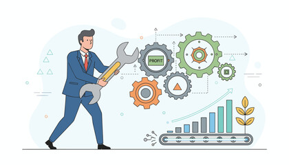 A businessman in a suit holds a large wrench, adjusting gears labeled 'PROFIT' and a growth chart on a conveyor belt, symbolizing business optimization, strategic planning, and achieving financial