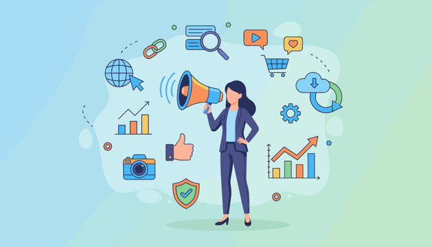 Digital marketing strategy and communication concept with a businesswoman holding a megaphone surrounded by icons representing online business, analytics, social media, and cloud services
