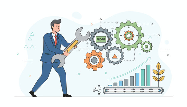A businessman in a suit holds a large wrench, adjusting gears labeled 'PROFIT' and a growth chart on a conveyor belt, symbolizing business optimization, strategic planning, and achieving financial