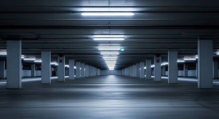Empty concrete parking garage with rows of columns and overhead fluorescent lights