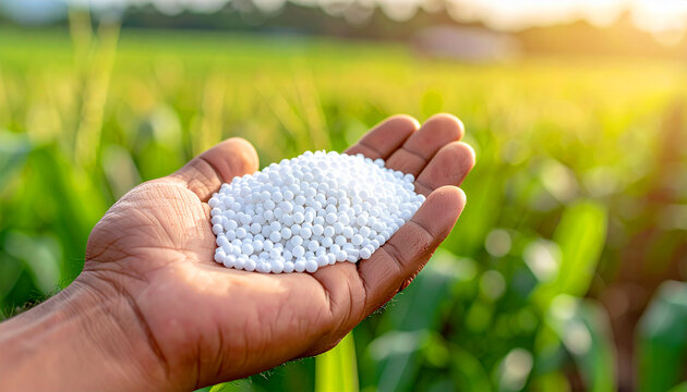 Close-up detailed shot of nitrogen fertilizer pellets in a farmer's hand