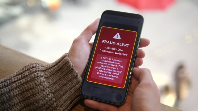 A crucial cybersecurity moment unfolds as hands in a public place follow a payment link that triggers a banking fraud alert about unauthorized transactions and fund withdrawals. 