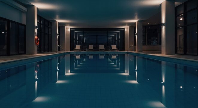 Indoor pool reflecting lights in still, blue water, loungers visible - Powered by Adobe