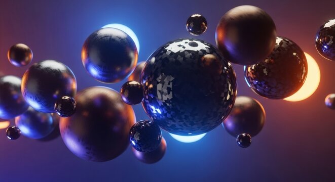 Abstract 3D rendering of dark metallic spheres floating against a backdrop of blue and orange neon lights.