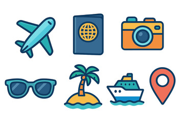 Colorful essential travel and vacation symbols including airplane, passport, camera, sunglasses, and cruise ship