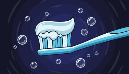 Close-up cartoon illustration of a blue toothbrush with a generous swirl of white toothpaste and bubbles, set against a dark blue swirling background, symbolizing oral hygiene and dental care.