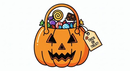 Fototapeta premium Spooky Halloween Clipart A Festive Jack-o'-Lantern Basket Filled with Sweet Treats and a 'Trick or Treat' Tag!