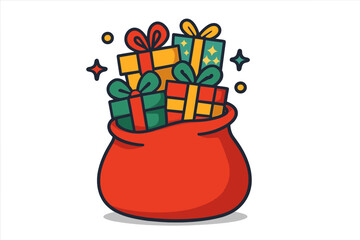 Festive red bag overflowing with brightly colored gift boxes tied with ribbons for seasonal giving