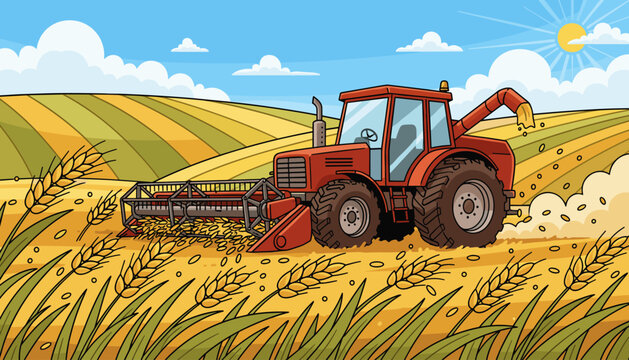 Vibrant cartoon illustration of a red combine harvester working in a golden wheat field under a bright sunny sky with fluffy clouds, depicting the agricultural process of crop harvesting in a