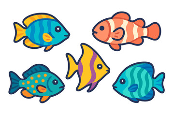 Fototapeta premium Collection of five brightly colored cartoon tropical fish characters swimming underwater