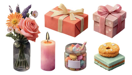 Colorful Collection of Gifts and Treats with Flowers, Candle, and Sweet Delights