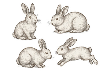 Four rabbits in various poses depicted in vintage hand drawn sketch style
