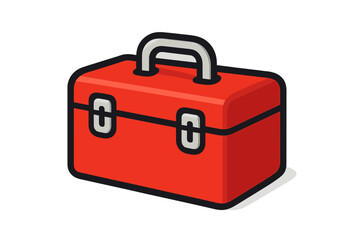 Bright red metal toolbox with handle and latches isolated on a white background