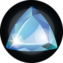 Abstract Blue Gemstone Crystal Triangle Shape With Light Reflections Inside A Black Circle Against Transparent Background