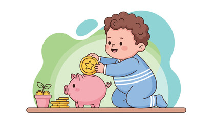 Adorable cartoon baby in blue pajamas happily placing a golden coin with a star into a pink piggy bank, symbolizing early financial education and saving habits, with a small potted plant and stacked