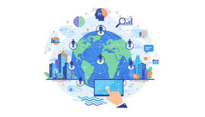 Global business communication and networking concept, illustrating interconnectedness through AI, big data, and digital technology, with cityscapes and human icons representing a worldwide network of