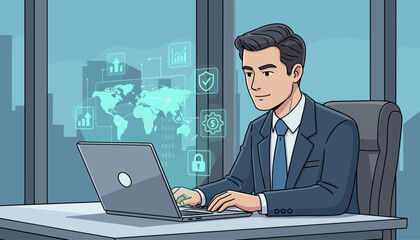 A focused businessman in a suit works on a laptop, surrounded by a futuristic holographic interface displaying a world map, financial charts, security icons, and global business data, symbolizing
