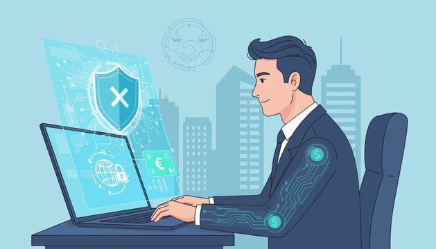 Modern digital concept of Anti-Money Laundering (AML) with a businessman working on a laptop, displaying security shields, global network, currency symbols, and circuit board patterns, symbolizing