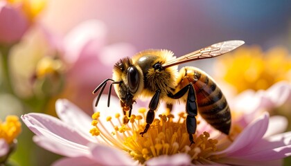 Honeybee gathering pollen from a pink flower, bathed in sunlight, creating a soft, ethereal glow