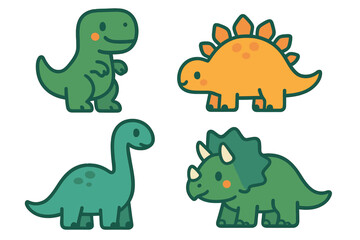Adorable cartoon dinosaur characters including T-Rex, Stegosaurus, Brontosaurus, and Triceratops