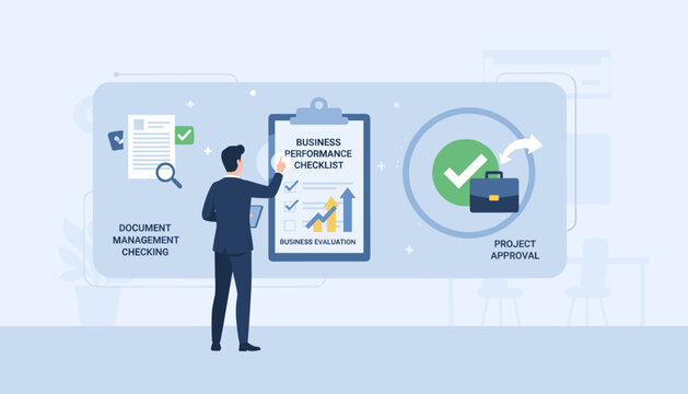 Business performance checklist concept with document management checking and project approval, illustrating a successful workflow and evaluation process with a businessman overseeing the steps and a