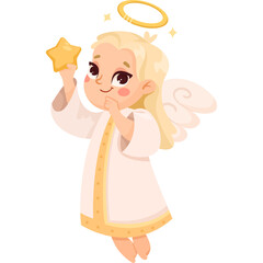 Cute pixel art angel girl with blonde hair holding a golden star and wearing a white and gold robe with a halo and wings against a transparent background