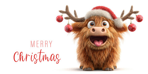 Merry Christmas concept holiday vacation winter greeting card postcard, illustration with text - Funny scottish highland cattle with santa hat, isolated on red background