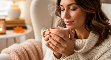 Woman enjoying hot drink, eyes closed, with steam rising from mug. Cozy autumn or winter feeling with warm beverage. Relaxation concept.