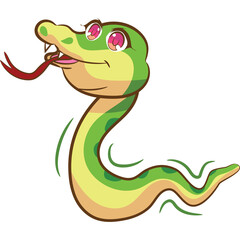 Cute Pixel Art Green Snake Character With Pink Eyes And Red Tongue Sticking Out On Transparent Background Waving Its Tail And Body