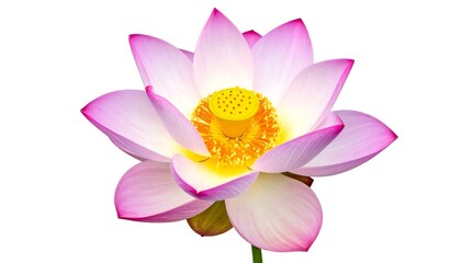 Isolated pink lotus flower with a yellow center, blossoming gracefully against a clean white background