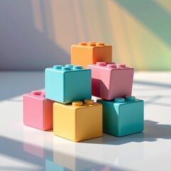 Fototapeta premium A vibrant arrangement of five glossy, pastel hued building blocks stacked randomly on a clean, white surface, captured from a slightly angled top down perspective