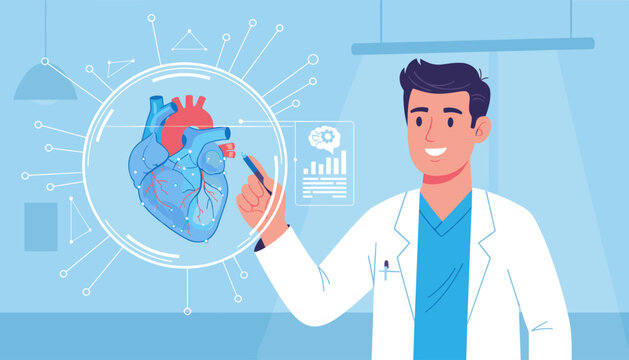A male cardiologist in a white lab coat examines a 3D holographic projection of a human heart, utilizing advanced technology and digital interfaces for diagnosis and medical research, showcasing