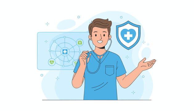 A friendly doctor in blue scrubs holds a stethoscope, symbolizing healthcare and medical expertise, with a digital network of health icons and a protective shield featuring a heart and cross in the
