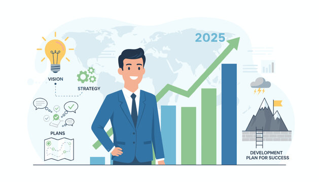 Successful businessman standing confidently with a rising graph indicating growth and success in 2025, symbolizing vision, strategy, plans, and development for achieving goals, against a world map