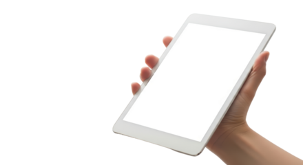Hand holding blank white tablet screen on black background for mockup and design