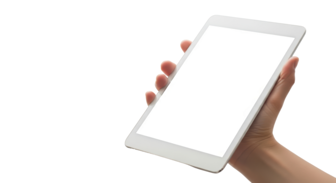 Hand holding blank white tablet screen on black background for mockup and design