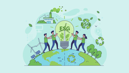 Diverse team of people working together to protect the planet, holding a giant lightbulb with ESG inside, symbolizing sustainable development and eco-friendly practices, with wind turbines, solar