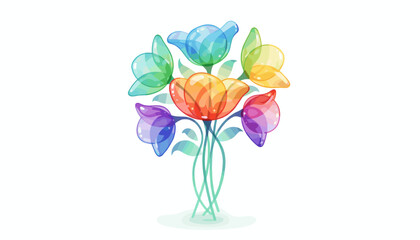 Vibrant bouquet of translucent, rainbow-colored flowers with delicate stems and leaves, isolated on a clean white background, symbolizing diversity, joy, and natural beauty in a modern, artistic