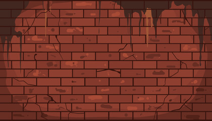 A detailed, textured, and weathered red brick wall surface, featuring prominent cracks and dark, dripping stains, creating a rough, aged, and industrial aesthetic perfect for backgrounds and design